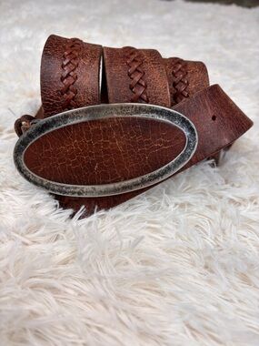 Fossil Leather Belt 36 Brown Braided Western Boho Oval Buckle